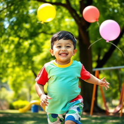 A cheerful young boy with short hair and a chubby physique, wearing a colorful t-shirt and shorts