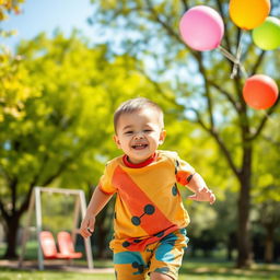 A cheerful young boy with short hair and a chubby physique, wearing a colorful t-shirt and shorts