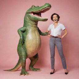 A woman standing confidently next to a comical crocodile man who appears to be tipsy, both set against a lighthearted, fun background.