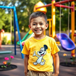 A friendly 13-year-old boy with short hair, slightly chubby, and of shorter stature, is standing in a colorful playground filled with fun structures