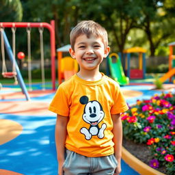 A friendly 13-year-old boy with short hair, slightly chubby, and of shorter stature, is standing in a colorful playground filled with fun structures