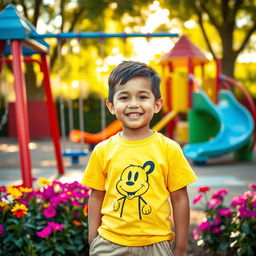 A friendly 13-year-old boy with short hair, slightly chubby, and of shorter stature, is standing in a colorful playground filled with fun structures