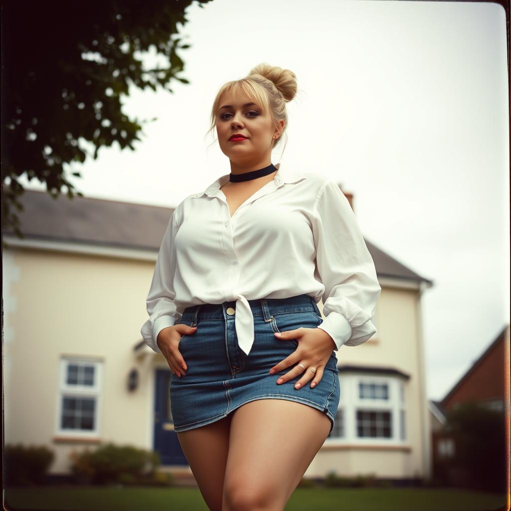 A 40-year-old chubby and curvy blonde woman with bright red lipstick and her hair tied up in a bun, standing confidently in front of a standard house on St