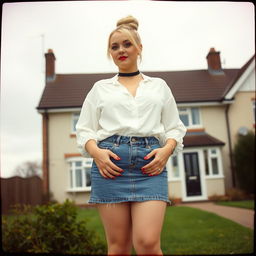 A 40-year-old chubby and curvy blonde woman with bright red lipstick and her hair tied up in a bun, standing confidently in front of a standard house on St