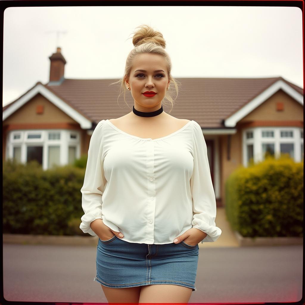 A 40-year-old chubby and curvy blonde woman with bright red lipstick and her hair tied up in a bun, standing confidently in front of a standard house on St