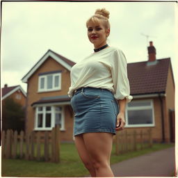 A 40-year-old chubby and curvy blonde woman with bright red lipstick and her hair tied up in a bun, standing confidently in front of a standard house on St