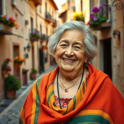 An elderly Spanish woman with a joyful expression, showcasing her round figure, wearing a traditional colorful shawl over her shoulders