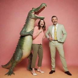 A woman standing confidently next to a comical crocodile man who appears to be tipsy, both set against a lighthearted, fun background.