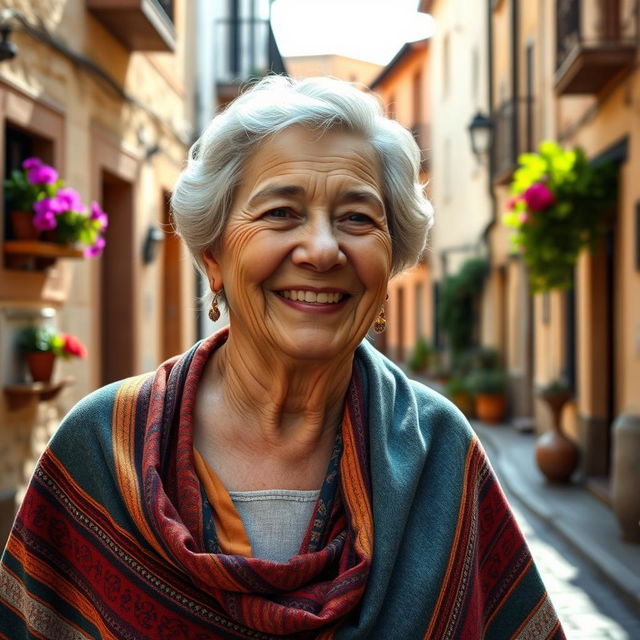 An elderly Spanish woman with a joyful expression, showcasing her round figure, wearing a traditional colorful shawl over her shoulders