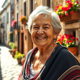 An elderly Spanish woman with a joyful expression, showcasing her round figure, wearing a traditional colorful shawl over her shoulders