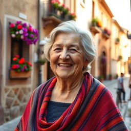 An elderly Spanish woman with a joyful expression, showcasing her round figure, wearing a traditional colorful shawl over her shoulders