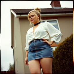 A 40-year-old chubby and curvy blonde woman with bright red lipstick and her hair tied up in a bun, proudly showcasing her thick thighs as she stands in front of a standard house on St