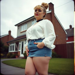 A 40-year-old chubby and curvy blonde woman with bright red lipstick and her hair tied up in a bun, proudly showcasing her thick thighs as she stands in front of a standard house on St