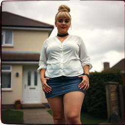 A 40-year-old chubby and curvy blonde woman with bright red lipstick and her hair tied up in a bun, proudly showcasing her thick thighs as she stands in front of a standard house on St