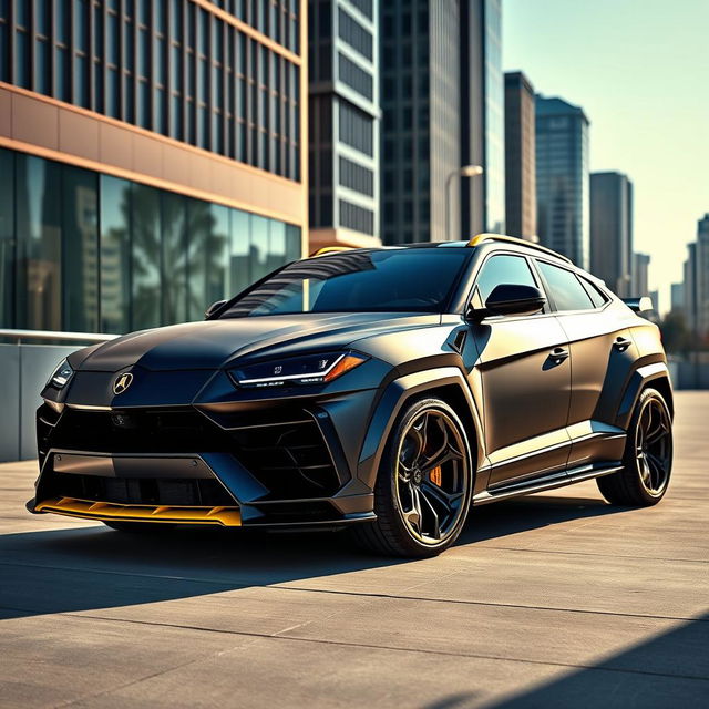 A sleek Lamborghini Urus modified with an aggressive body kit, showcasing an enhanced aerodynamic profile, wide fenders, and a custom front bumper