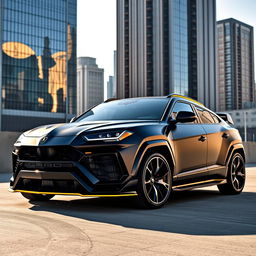 A sleek Lamborghini Urus modified with an aggressive body kit, showcasing an enhanced aerodynamic profile, wide fenders, and a custom front bumper