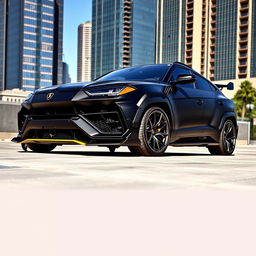 A sleek Lamborghini Urus modified with an aggressive body kit, showcasing an enhanced aerodynamic profile, wide fenders, and a custom front bumper