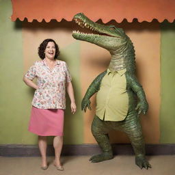 A woman standing confidently next to a comical crocodile man who appears to be tipsy, both set against a lighthearted, fun background.