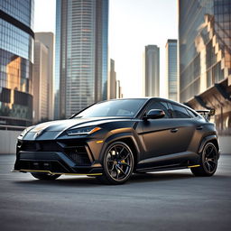 A sleek Lamborghini Urus modified with an aggressive body kit, showcasing an enhanced aerodynamic profile, wide fenders, and a custom front bumper