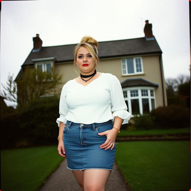 A 40-year-old chubby and curvy blonde woman with bright red lipstick and her hair tied up in a bun, standing proudly in front of a standard house on St