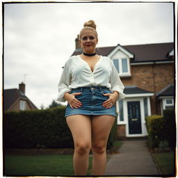 A 40-year-old chubby and curvy blonde woman with bright red lipstick and her hair tied up in a bun, standing proudly in front of a standard house on St