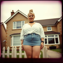 A 40-year-old chubby and curvy blonde woman with bright red lipstick and her hair tied up in a bun, standing proudly in front of a standard house on St