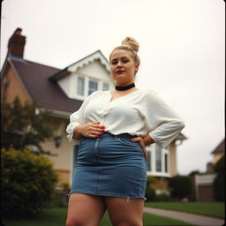 A 40-year-old chubby and curvy blonde woman with bright red lipstick and her hair tied up in a bun, standing proudly in front of a standard house on St