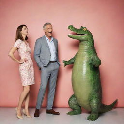 A woman standing confidently next to a comical crocodile man who appears to be tipsy, both set against a lighthearted, fun background.