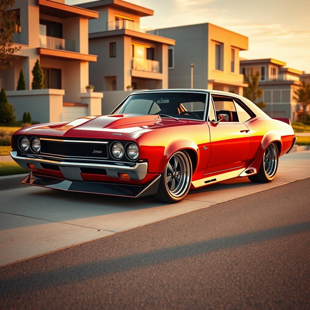 A vintage car, specifically a classic muscle car, modernized with an eye-catching body kit, showcasing a blend of retro and contemporary design elements