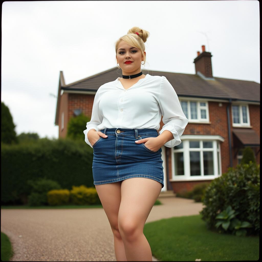 A 40-year-old chubby and curvy blonde woman with bright red lipstick and her hair styled in a bun, confidently standing in front of a standard house on St