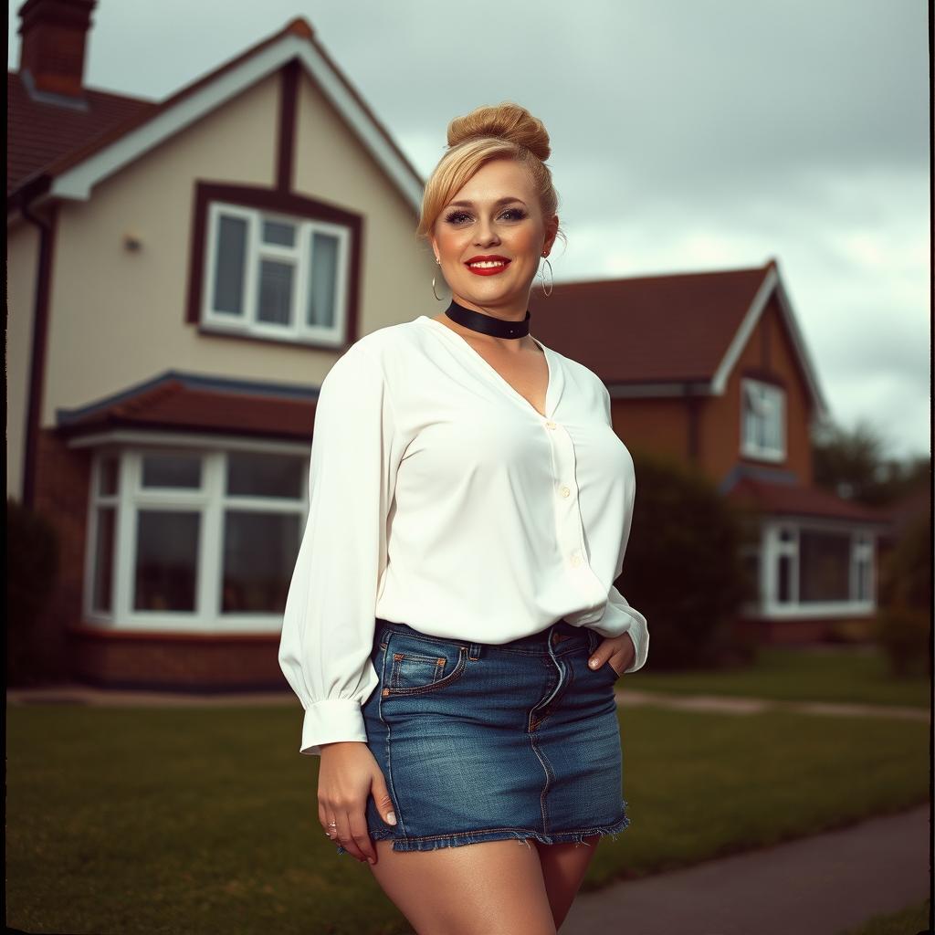 A 40-year-old chubby and curvy blonde woman with bright red lipstick and her hair styled in a bun, confidently standing in front of a standard house on St