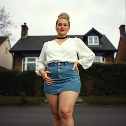 A 40-year-old chubby and curvy blonde woman with bright red lipstick and her hair styled in a bun, confidently standing in front of a standard house on St