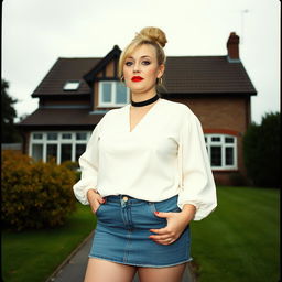 A 40-year-old chubby and curvy blonde woman with bright red lipstick and her hair styled in a bun, confidently standing in front of a standard house on St