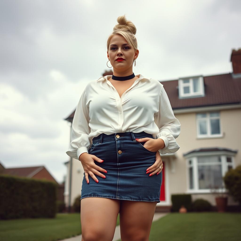 A 40-year-old chubby and curvy blonde woman with bright red lipstick and her hair styled in a bun, confidently standing in front of a standard house on St