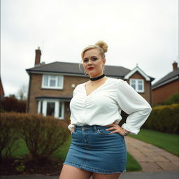 A 40-year-old chubby and curvy blonde woman with bright red lipstick and her hair styled in a bun, confidently standing in front of a standard house on St