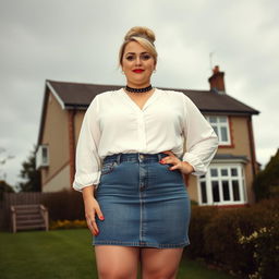 A 40-year-old chubby and curvy blonde woman with bright red lipstick and her hair styled in a bun, confidently standing in front of a standard house on St