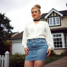 A 40-year-old chubby and curvy blonde woman with bright red lipstick and her hair styled in a bun, confidently standing in front of a standard house on St