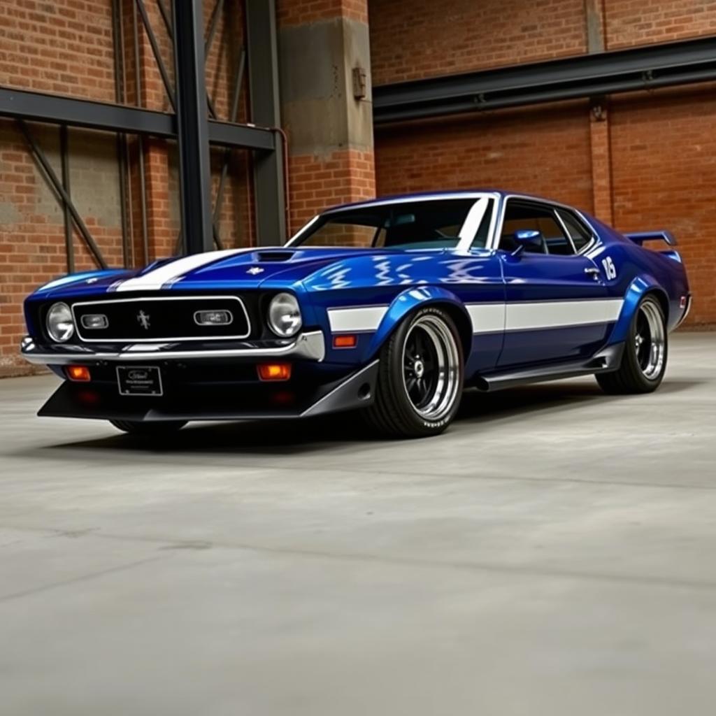 A 1970s Ford Mustang, customized with a very aggressive body kit that features bold elements such as a wide body, pronounced fenders, a low front splitter, and a rear spoiler for enhanced aerodynamics