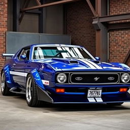 A 1970s Ford Mustang, customized with a very aggressive body kit that features bold elements such as a wide body, pronounced fenders, a low front splitter, and a rear spoiler for enhanced aerodynamics