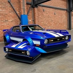 A 1970s Ford Mustang, customized with a very aggressive body kit that features bold elements such as a wide body, pronounced fenders, a low front splitter, and a rear spoiler for enhanced aerodynamics