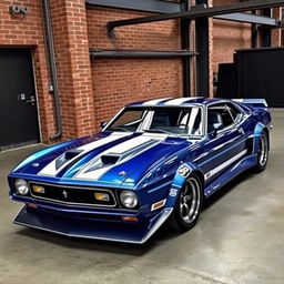 A 1970s Ford Mustang, customized with a very aggressive body kit that features bold elements such as a wide body, pronounced fenders, a low front splitter, and a rear spoiler for enhanced aerodynamics