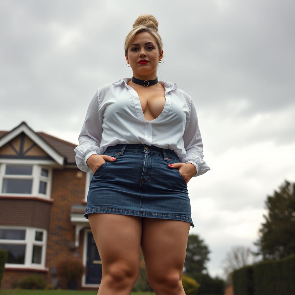 A 40-year-old chubby and curvy blonde woman with bright red lipstick and her hair tied up in a bun, confidently standing in front of a standard house on St