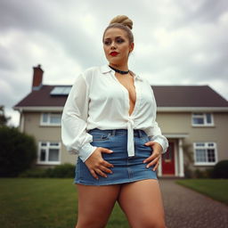 A 40-year-old chubby and curvy blonde woman with bright red lipstick and her hair tied up in a bun, confidently standing in front of a standard house on St