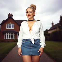 A 40-year-old chubby and curvy blonde woman with bright red lipstick and her hair tied up in a bun, confidently standing in front of a standard house on St