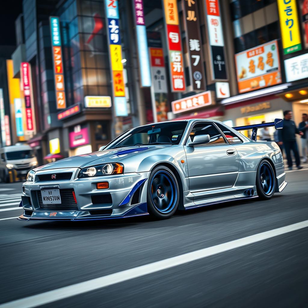 A Nissan GT-R R34, modified with an aggressive body kit that includes wide fenders, a front splitter, and a rear wing for enhanced aerodynamics