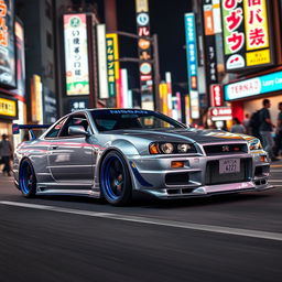 A Nissan GT-R R34, modified with an aggressive body kit that includes wide fenders, a front splitter, and a rear wing for enhanced aerodynamics