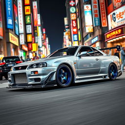 A Nissan GT-R R34, modified with an aggressive body kit that includes wide fenders, a front splitter, and a rear wing for enhanced aerodynamics