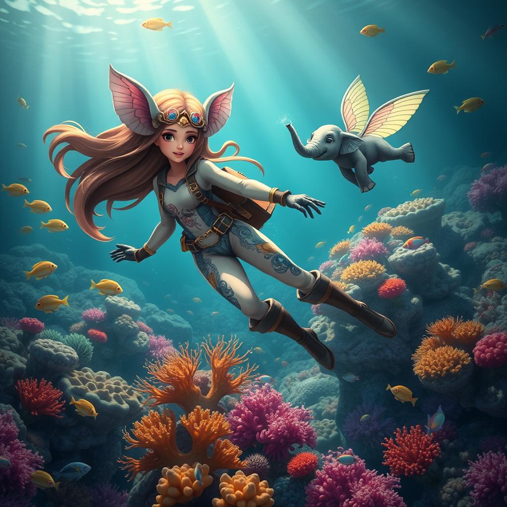 A whimsical fantasy scene featuring a brave female adventurer exploring the underwater world of fisheries