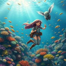 A whimsical fantasy scene featuring a brave female adventurer exploring the underwater world of fisheries