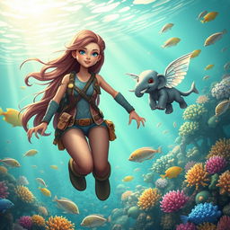 A whimsical fantasy scene featuring a brave female adventurer exploring the underwater world of fisheries